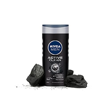 NIVEA Men Body Wash, Active Clean with Active Charcoal, Shower Gel for Body, Face & Hair, 250 ml